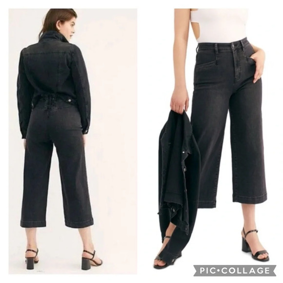 Free People CRVY Laced Back Crop Jeans Wide Leg 24 Black - Picture 1 of 8